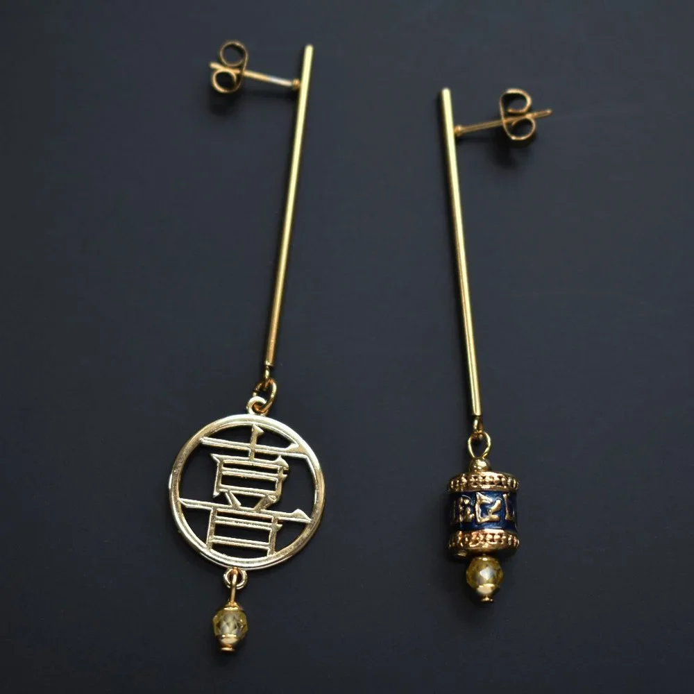 Asymmetrical earrings dangle, long gold citrine drop bar earrings